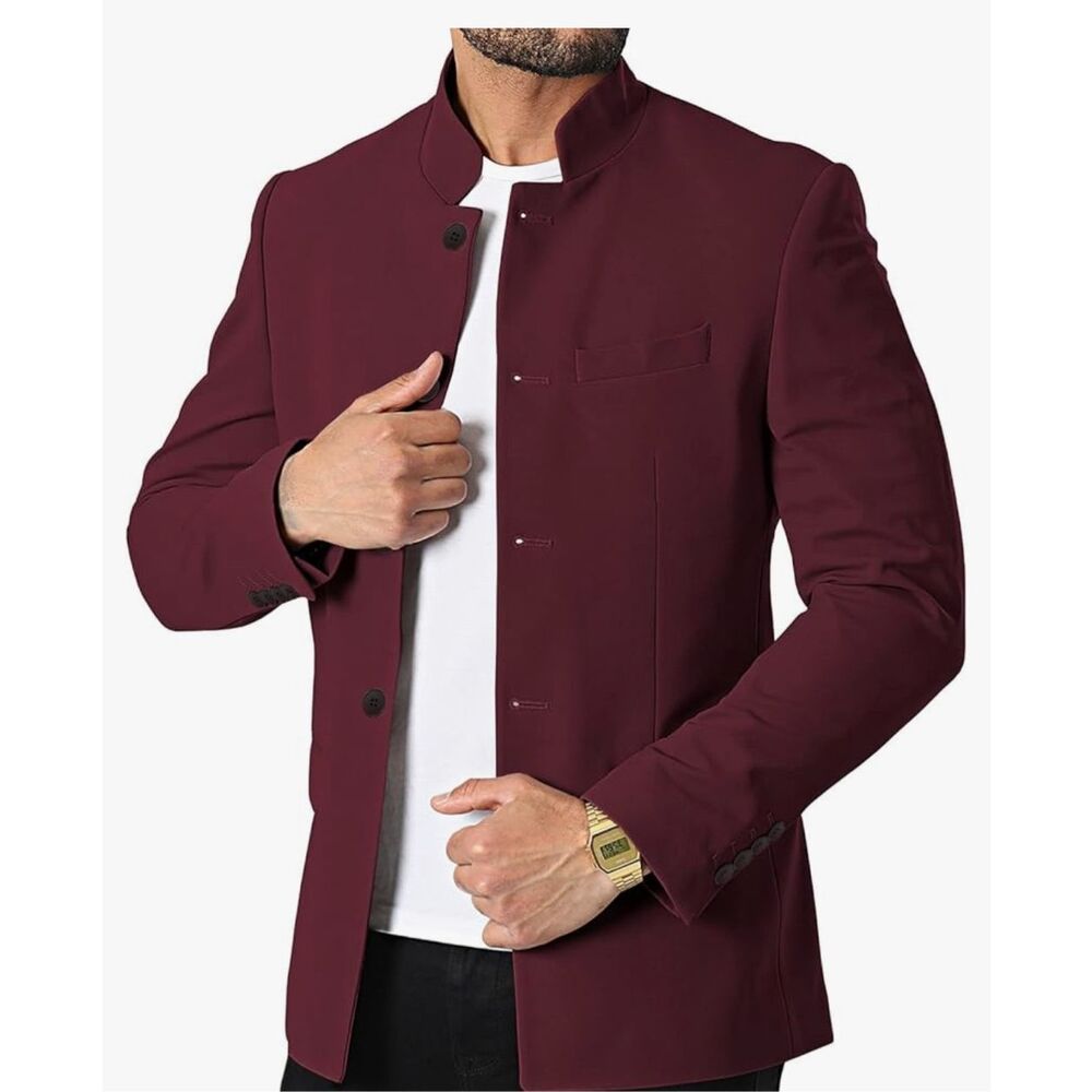 Men's Burgundy Stand-Collar Trench Coat